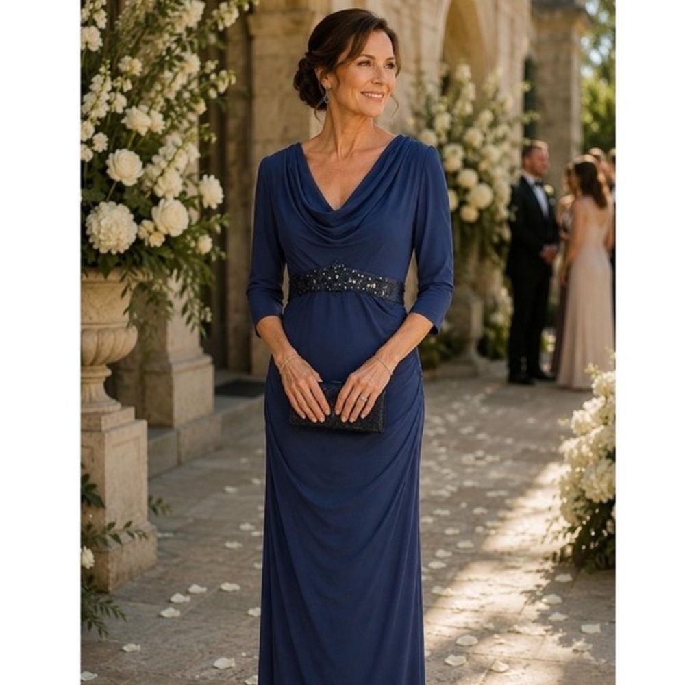 Badgley Mischka Navy‎ Cowl Neck Beaded Waist Gown Size 10